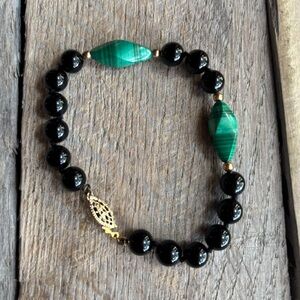Vintage Gold-Filled, Malachite, and Onyx Beaded Bracelet
